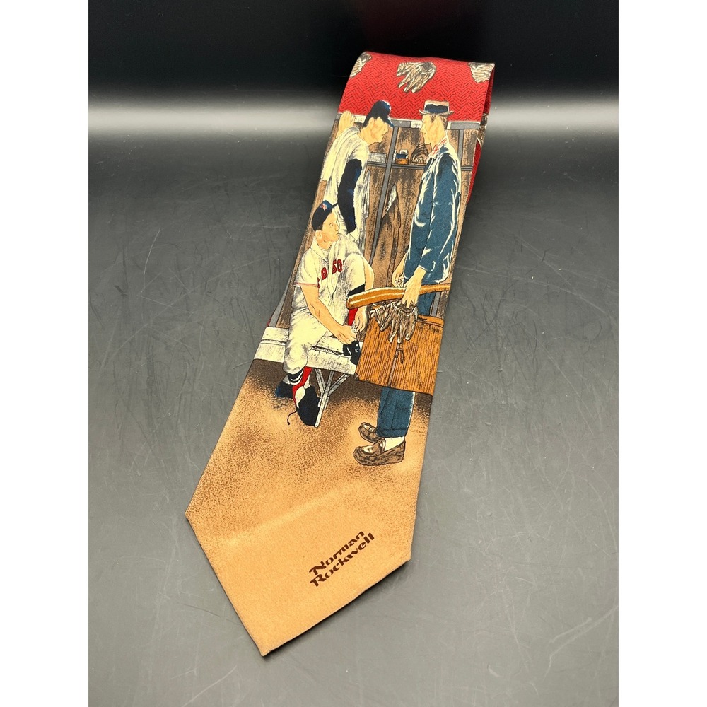 Norman Rockwell Baseball Silk Necktie Vtg Art Sports Red Sox‎ Mens Tie 55.5"